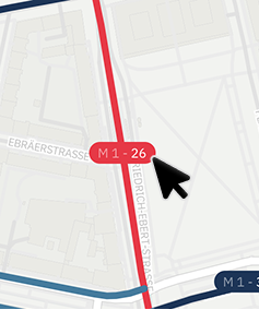 Ein Mauszeiger der auf eine Rote Pille mit dem Text »M1 - 26« auf einem Roten Pfad auf einer grauen Karte zeigt